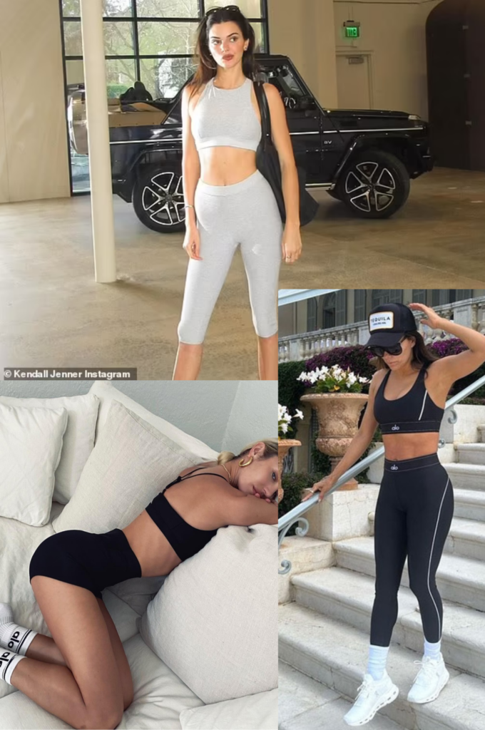 Collage de fotos de Kendall Jenner con conjuntos deportivos de Alo Yoga junto a un todoterreno negro