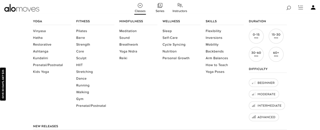 Menú de clases de la plataforma Alo Moves con categorías de yoga, fitness, mindfulness y wellness